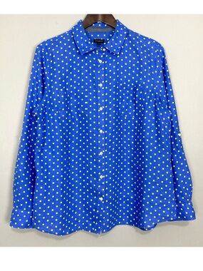 Talbots Linen Polka Dot Shirt Women’s Size L Button Front Roll Tab Sleeves Blue